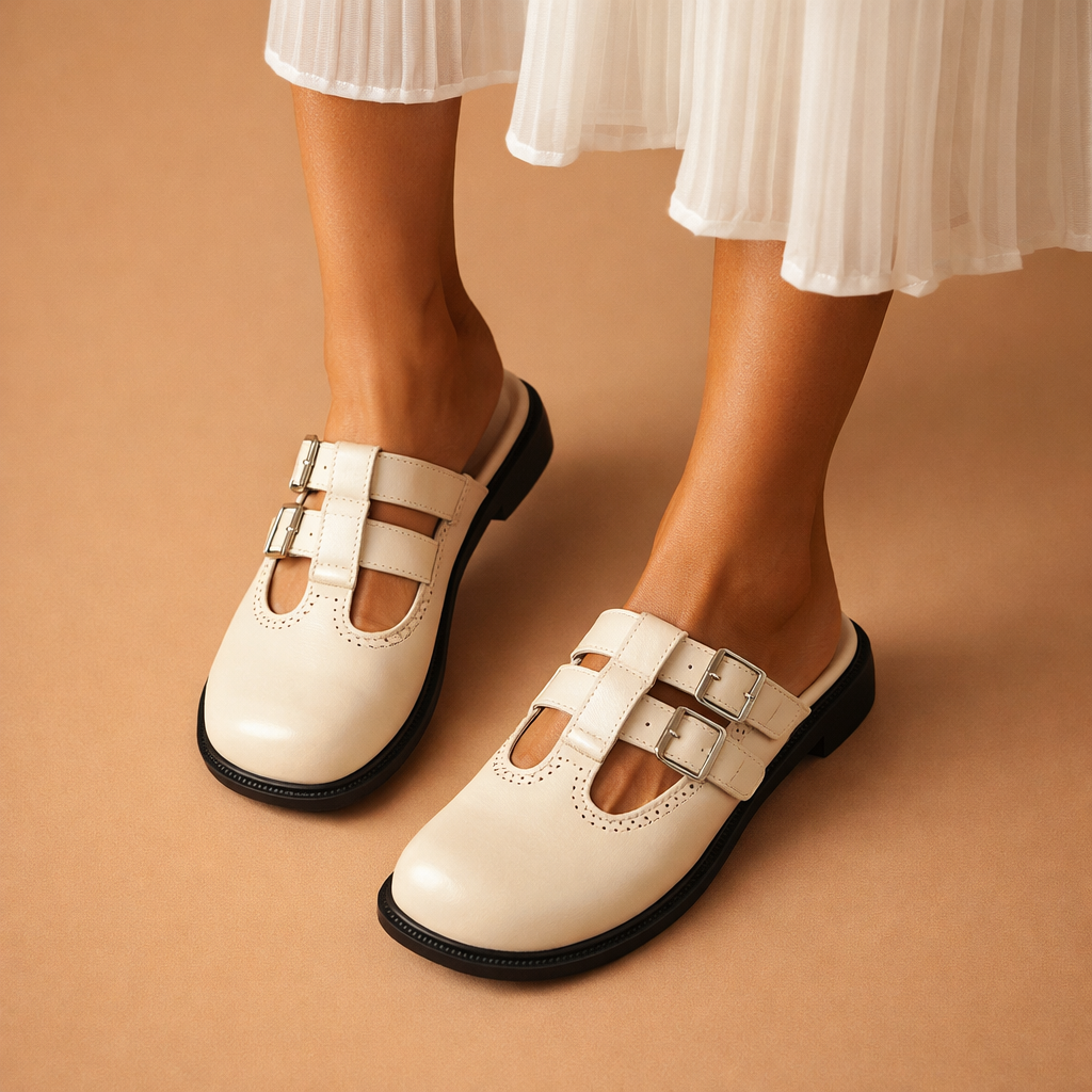 Valeria Double-Buckle Leather Mules