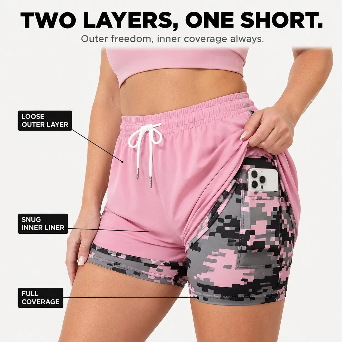 Movelyn – Women's 2 in 1 Running Shorts with Built in Compression Liner and Phone Pocket