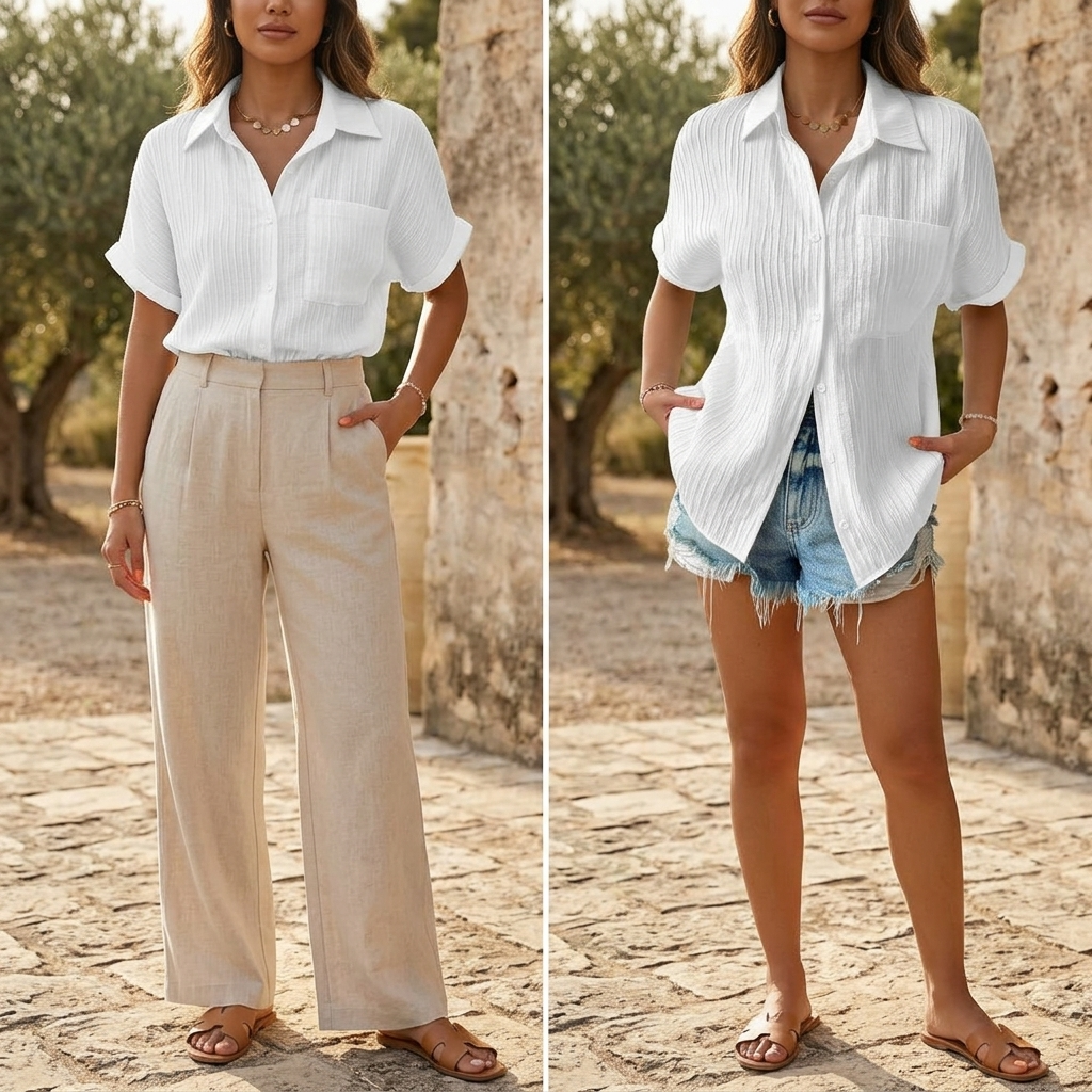 Vivara – Textured Crinkle Button-Down Shirt