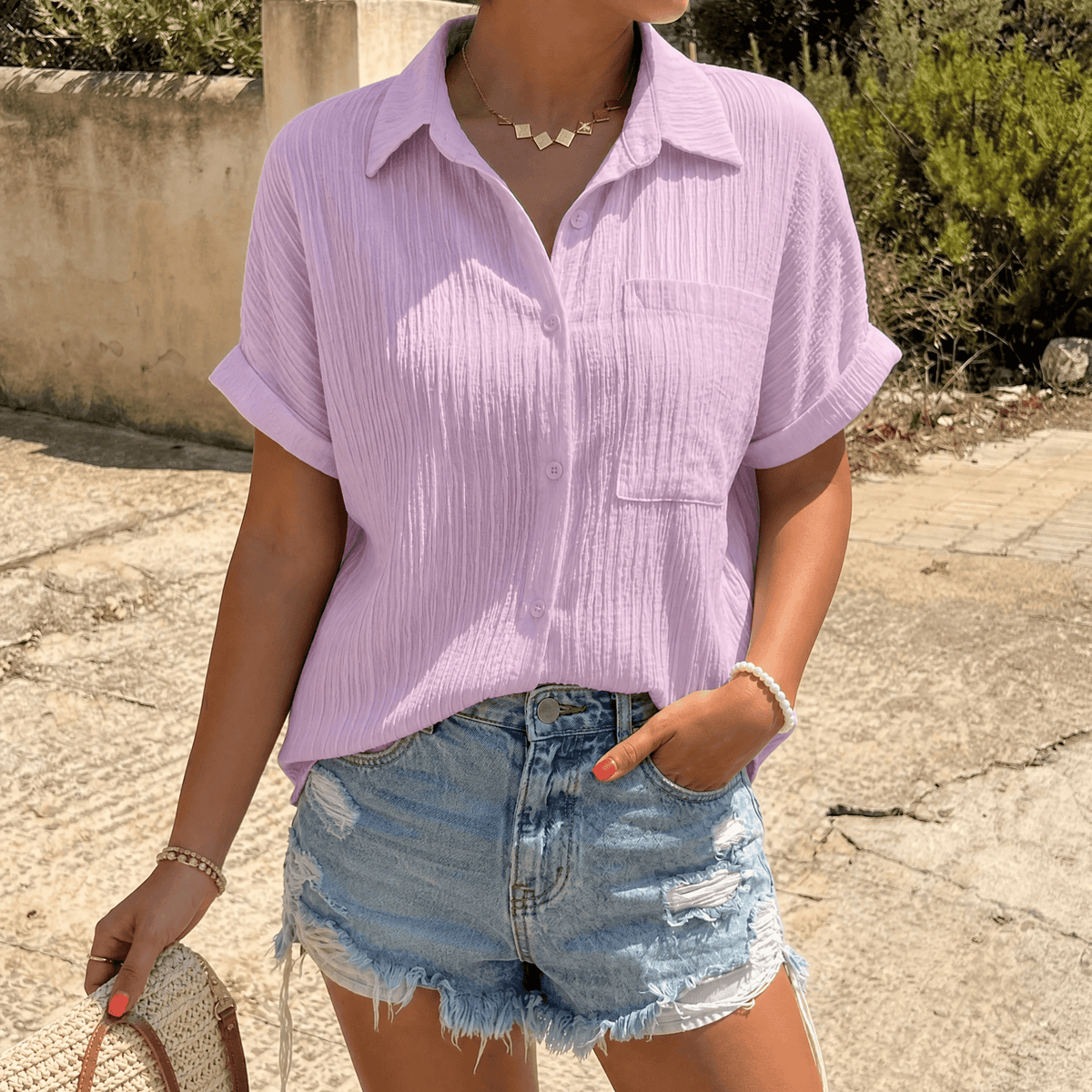 Vivara – Textured Crinkle Button-Down Shirt